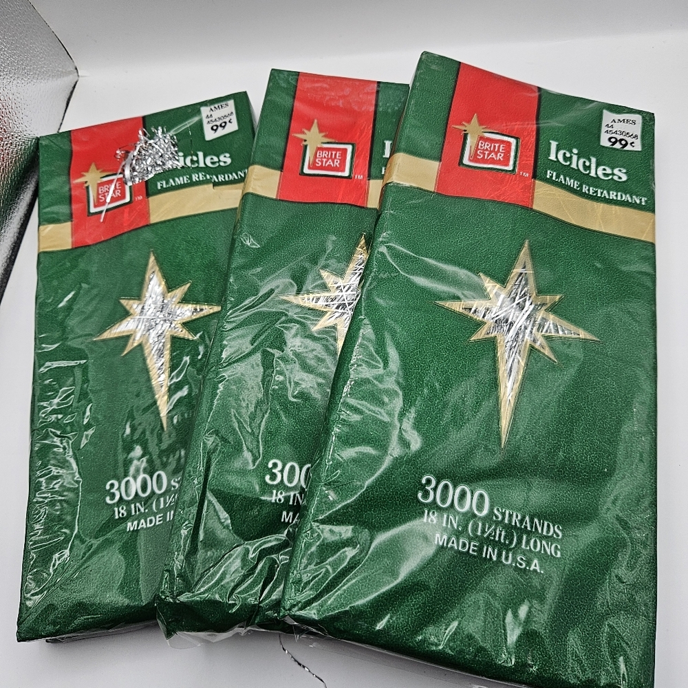 Lot of 3 VTG Brite Star Icicles Tinsel For Christmas Tree USA 2000 Strand Each+